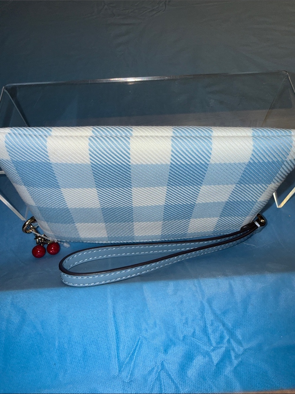 Coach Blue and White Gingham Wristlet with Cherry Charm - Picture 6 of 8